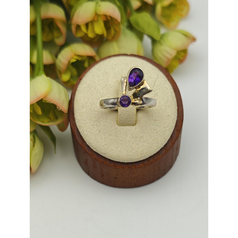 Handmade Artisan Amethyst Ring Women 6.5 Silver 18K Gold Cluster Brutalist MCM